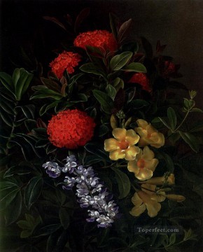 Johan Laurentz Jensen Painting - Allemanda Ixora y orquídeas flor Johan Laurentz Jensen flor